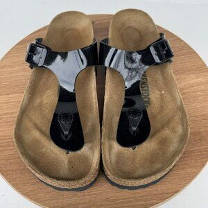 Birkenstock Gizeh Patent Black Faux Leather Sandals Size 36 EU 5-5.5 US‎ EUC
